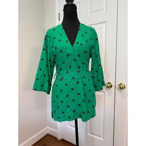 Zara Green Polka Dot Linen Blend Kaftan Style Top